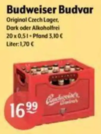 Getränke Hoffmann Budweiser Budvar Original Czech Lager, Dark oder Alkoholfrei 20 x 0,5l Angebot