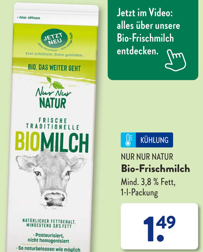 NUR NUR NATUR BioFrischmilch 1 L Packung Angebot bei Aldi Süd