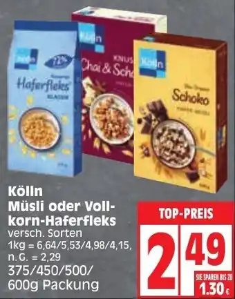 Edeka Kölln Müsli oder Vollkorn-Haferfleks 375/450/500/600 g Packung Angebot