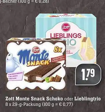 Scheck-in-Center Zott Monte Snack Schoko oder Lieblingtrio Angebot