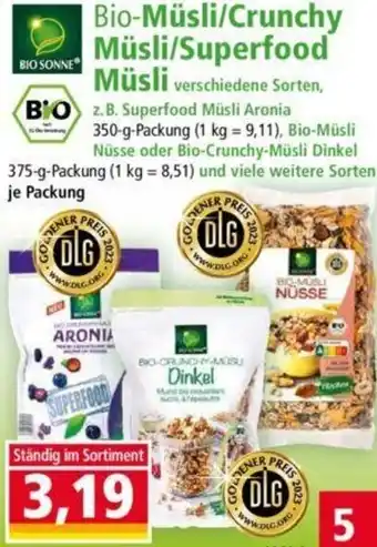 Norma BIO SONNE Bio-Müsli/Crunchy Müsli/Superfood Müsli 350 g/375 g Packung Angebot