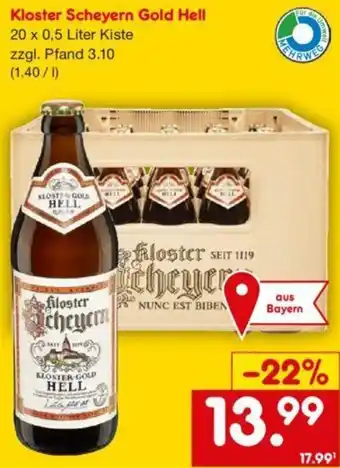 Netto Getränke Discount Kloster Scheyern Gold Hell 20 x 0,5 Liter Kiste Angebot