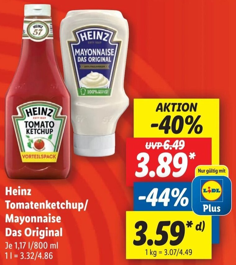 Heinz Tomatenketchup/ Mayonnaise Das Original 1,17 L/800 ml Angebot bei