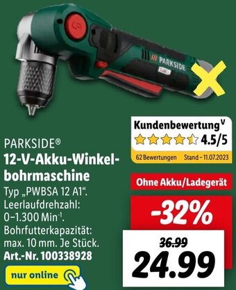 Lidl PARKSIDEⓇ 12-V-Akku-Winkelbohrmaschine ,,PWBSA 12 A1" Angebot