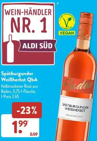 Aldi Süd Spätburgunder Weißherbst QbA 0,75 L Flasche Angebot