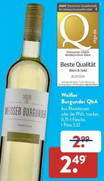 Aldi Süd Weißer Burgunder QbA 0,75 L Flasche Angebot