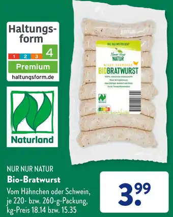 Aldi Süd NUR NUR NATUR Bio-Bratwurst 220-260 g Packung Angebot