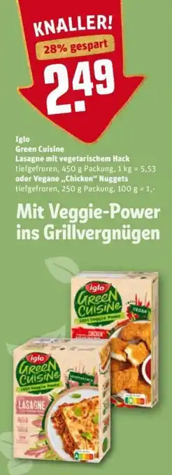 REWE Kaufpark Iglo Green Cuisine Lasagne mit Vegetarischen Hack 450g oder Vegane Chicken Nuggets 250g Angebot