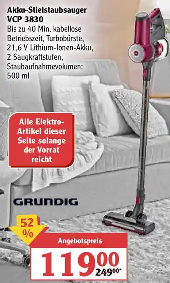 Globus Grundig Akku Stielstaubsauger VCP 3830 Angebot