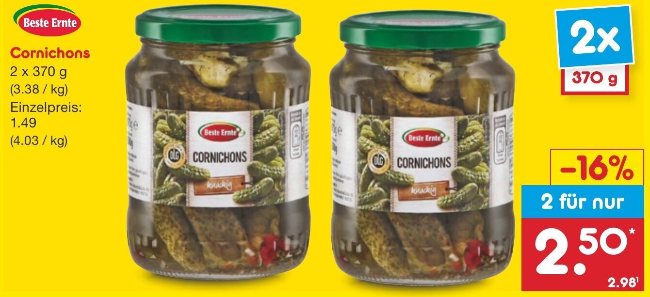 Beste Ernte Cornichons 2 x 370 g Angebot bei Netto MarkenDiscount