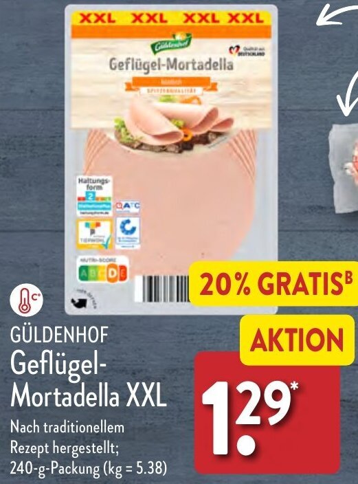 GÜLDENHOF GeflügelMortadella XXL 240 g Packung Angebot bei Aldi Nord