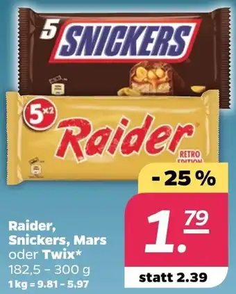 NETTO Raider, Snickers, Mars oder Twix* 182,5 - 300 g Angebot