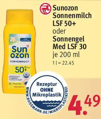 Rossmann Sunozon Sonnenmilch LSF 50+ oder Sonnengel Med LSF 30, 200 ml Angebot