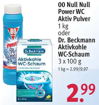 Rossmann 00 Null Null Power WC Aktiv Pulver 1 kg oder Dr. Beckmann Aktivkohle WC-Schaum 3 x 100 g Angebot