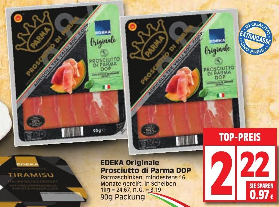 EDEKA Originale Prosciutto di Parma DOP 90g Packung Angebot bei Edeka