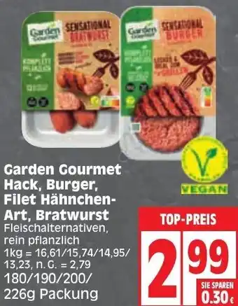 Edeka Garden Gourmet Hack, Burger, Filet Hähnchen-Art, Bratwurst 180/190/200/226 g Packung Angebot