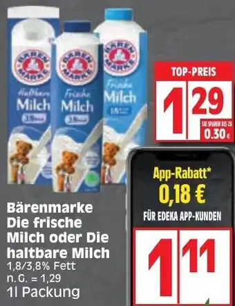 Edeka Bärenmarke Die frische Milch oder Die haltbare Milch 1L Packung Angebot