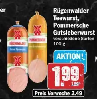 Hit Rügenwalder Teewurst, Pommersche Gutsleberwurst 100 g Angebot