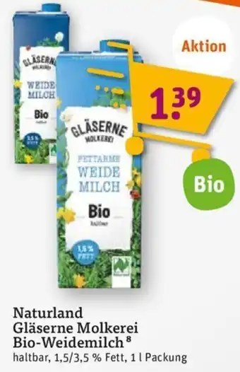 tegut Naturland Gläserne Molkerei Bio-Weidemilch 1 L Packung Angebot