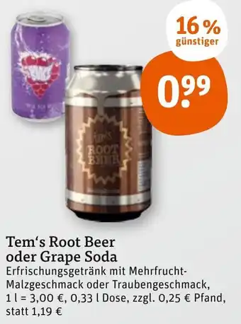 tegut Tem's Root Beer oder Grape Soda 0,33 L Dose Angebot