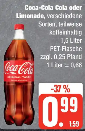 Edeka Coca-Cola Cola oder Limonade 1,5 Liter PET-Flasche Angebot