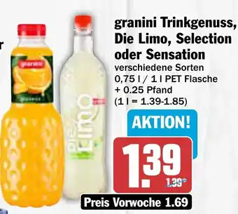 AEZ granini Trinkgenuss, Die Limo, Selection oder Sensation 0,75 l / 1 l PET Flasche Angebot