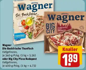 REWE Wagner Die Backfrische Thunfisch 340-g-Pckg. oder Big City Pizza Budapest 400 g Angebot