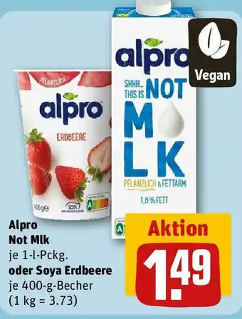 REWE Alpro Not Mik je 1-l-Pckg. oder oder soya Erdbeere 400-g-Becher Angebot