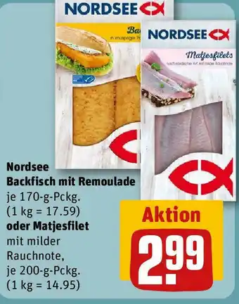 REWE Nordsee Backfisch mit Remoulade 170-g-Pckg. oder Matjesfilet 200-g-Pckg. Angebot