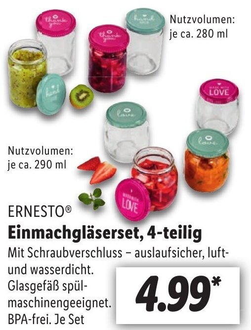 ERNESTOⓇ Einmachgläserset, 4-teilig Angebot bei Lidl
