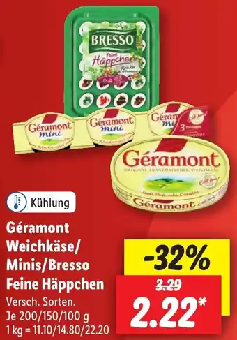 Lidl Géramont Weichkäse/ Minis/Bresso Feine Häppchen 200/150/100 g Angebot