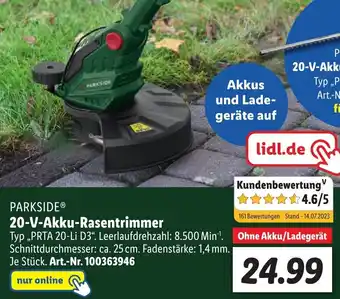 Lidl PARKSIDEⓇ 20-V-Akku-Rasentrimmer ,,PRTA 20-Li D3" Angebot