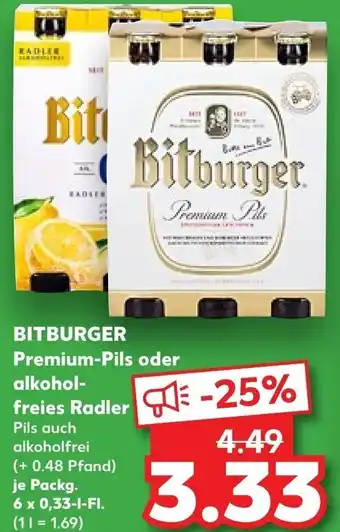 Kaufland BITBURGER Premium-Pils oder alkoholfreies Radler Packg. 6x0,33 L-Fl. Angebot