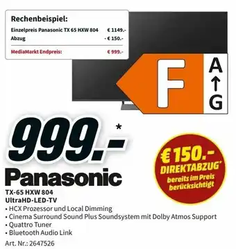 MediaMarkt Panasonic TX-65 HXW 804 UltraHD LED TV Angebot