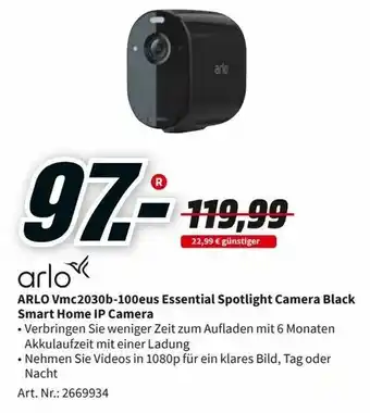 MediaMarkt Arlo Vmc2030b-100eus Essential Spotlight Camera Black Smart Home IP Camera Angebot