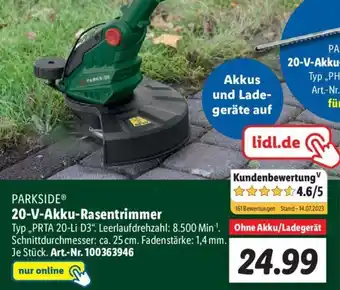 Lidl PARKSIDEⓇ 20-V-Akku-Rasentrimmer ,,PRTA 20-Li D3" Angebot