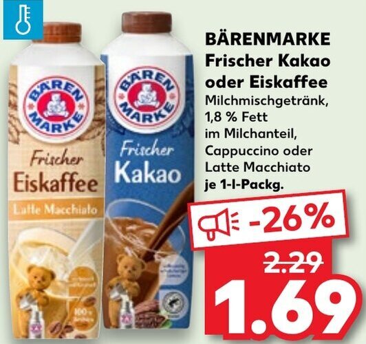 BÄRENMARKE Frischer Kakao oder Eiskaffee 1 L Packg. Angebot bei Kaufland