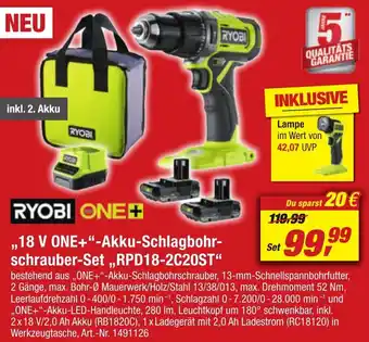 toom Baumarkt RYOBI ONE+ ,,18 V ONE+"-Akku-Schlagbohr-schrauber-Set ,,RPD18-2C20ST" Angebot