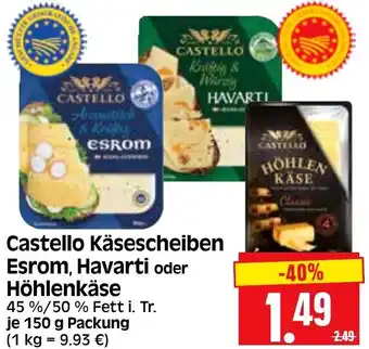 Edeka Herkules Castello Käsescheiben Esrom, Havarti oder Höhlenkäse 150 g Packung Angebot