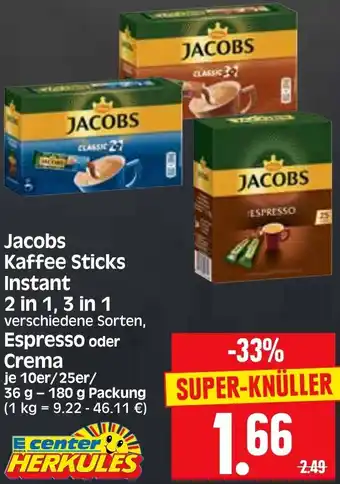 Edeka Herkules Jacobs Kaffee Sticks Instant 2 in 1, 3 in 1, Espresso oder Crema 36 g-180 g Packung Angebot