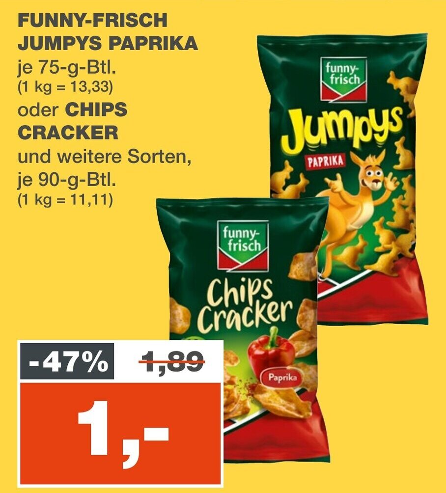 FUNNYFRISCH JUMPYS PAPRIKA je 75gBtl. oder CHIPS CRACKER und weitere