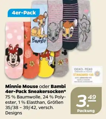 NETTO Minnie Mouse oder Bambi 4er Pack Sneakersocken Angebot