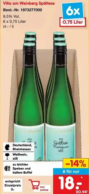 Netto Marken-Discount Villa am Weinberg Spätlese 6 x 0,75 Liter Angebot