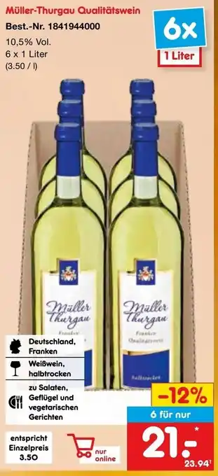 Netto Marken-Discount Müller-Thurgau Qualitätswein 6x1 Liter Angebot