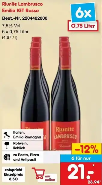 Netto Marken-Discount Riunite Lambrusco Emilia IGT Rosso 6 x 0,75 Liter Angebot