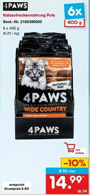 Netto Marken-Discount 4PAWS Katzentrockennahrung Pute 6 x 400 g Angebot