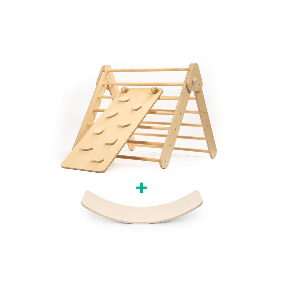 Kletterdreieck aus holz mit rampe/rutsche, naturholz + balance board