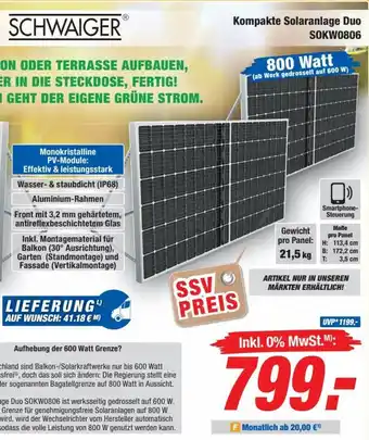 Expert Bening SCHWAIGER Kompakte Solaranlage Duo SOKW0806 Angebot