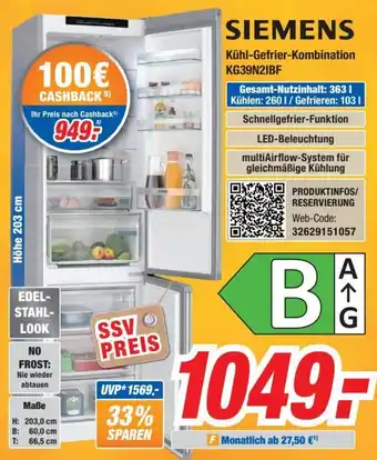 Expert Bening SIEMENS Kühl-Gefrier-Kombination KG39N2IBF Angebot