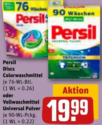 REWE Persil Discs Colorwaschmitte 76-WL-Btl. oder Vollwaschmittel Universal Pulver 90-WL-Pckg. Angebot